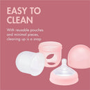 Boon NURSH 3-Pack Silicone Pouch Bottles in pink, highlighting easy-to-clean features with reusable pouches and minimal parts.