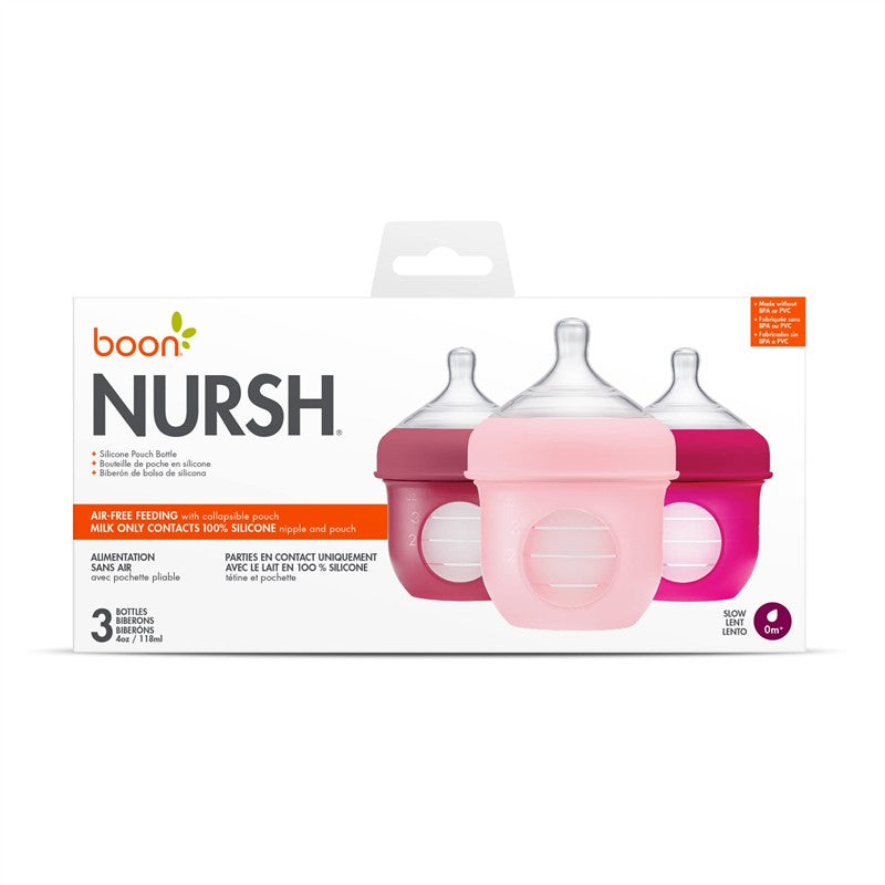 Boon NURSH Silicone Pouch Bottles 3-Pack in pink, 4 oz, includes collapsible silicone pouches and nipples for air-free feeding.