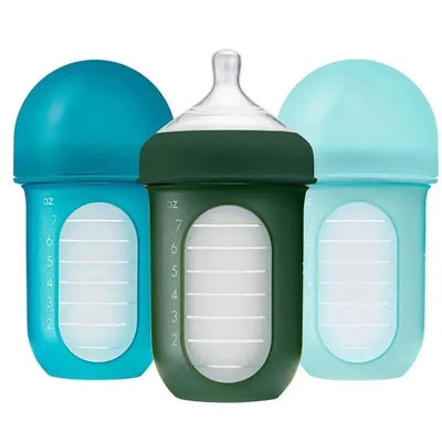 Boon Nursh 8oz bottle three-pack in blue, featuring green and light blue variants with measurement markings.