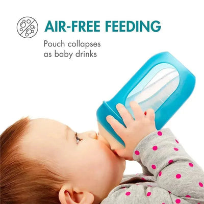 Boon Nursh 8oz baby bottle in blue, featuring an air-free feeding design, held by a baby wearing a polka dot sweater.