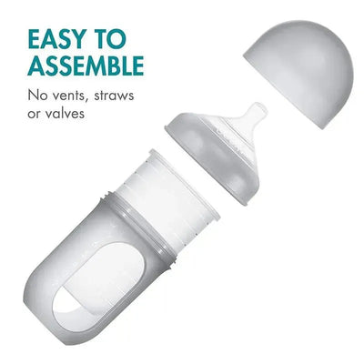 Boon Nursh 8oz bottle in gray multi, featuring an easy-to-assemble design with no vents, straws, or valves.