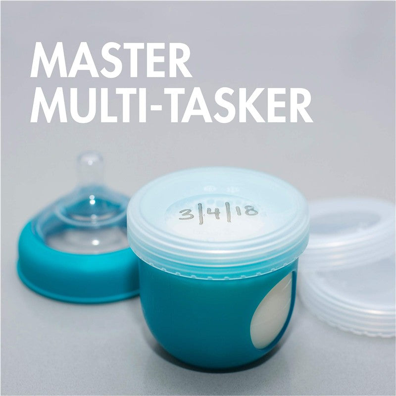 Boon NURSH Storage Caps 3-Pack, featuring a blue storage container with a date label and a clear lid, next to two additional caps.