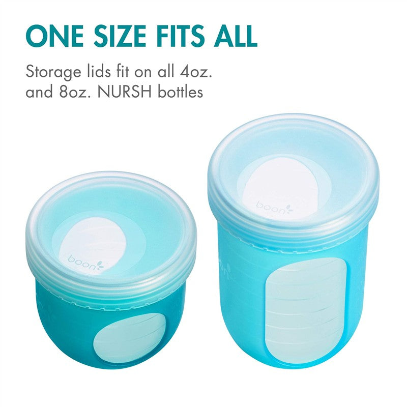 Storage caps in blue fit 4oz and 8oz Boon NURSH bottles, featuring clear labels for easy identification.