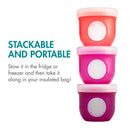 Boon NURSH Storage Caps 3-Pack in vibrant pink and coral colors, designed for stacking and portability, with measurement markings.