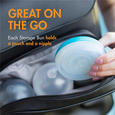 Boon NURSH Storage Buns in a black bag; holds pouches and nipples, showcasing practical storage for on-the-go use.