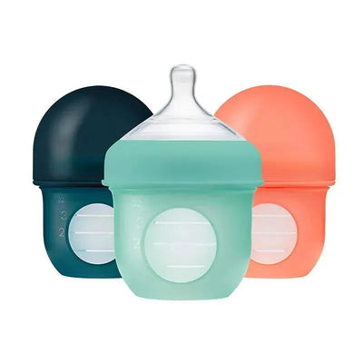 Boon Nursh Silicone Bottle 4Oz 3Pk, Mint/Cantaloupe/Navy Image 1