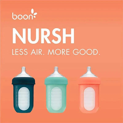 Boon Nursh silicone bottles in mint, cantaloupe, and navy, featuring measurement markings and a unique design for less air.