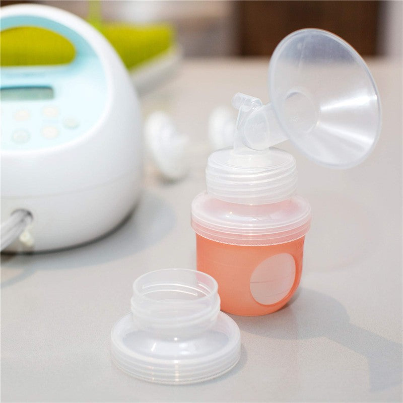 Boon NURSH Pump Adapter for Spectra & Avent - 2-Pack, featuring a pink container and a clear funnel attachment.