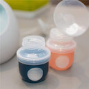Boon NURSH Pump Adapter set, featuring a blue and a pink adapter with transparent lids, designed for Spectra & Avent bottles.