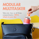 Boon Triful Baby Formula Dispenser being placed into a black bag; text highlights its modular and adaptable design.