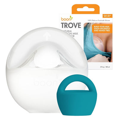 Boon Trove Silicone Breast Collection Cup with packaging featuring a woman using the product discreetly.