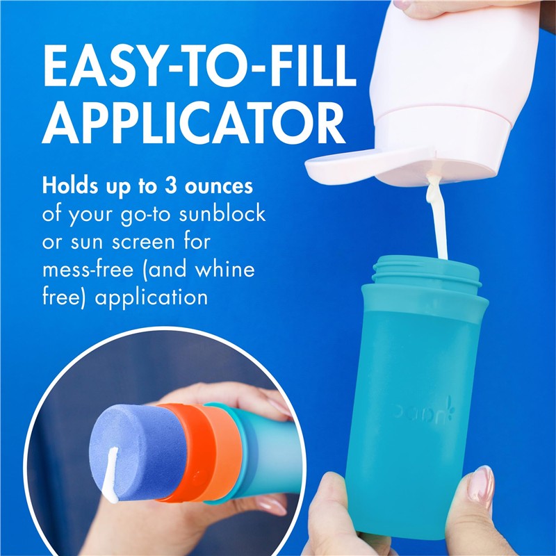 Easy-to-fill Boon YUVI Sunscreen Applicator holds up to 3 ounces of sunblock for mess-free application.
