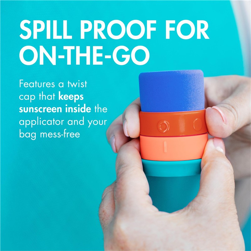 Boon YUVI Sunscreen Applicator held in hands, features a twist cap to keep sunscreen contained, with colorful sections.