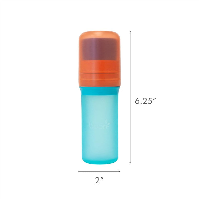Boon YUVI Sunscreen Applicator, featuring an orange cap and blue base, measures 6.25 inches tall and 2 inches wide.