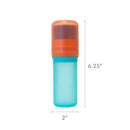 Boon YUVI Sunscreen Applicator, featuring an orange cap and blue base, measures 6.25 inches tall and 2 inches wide.