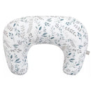 Boppy Nursing Pillow in beige foliage design, featuring a curved shape and plant illustrations in gray and teal.