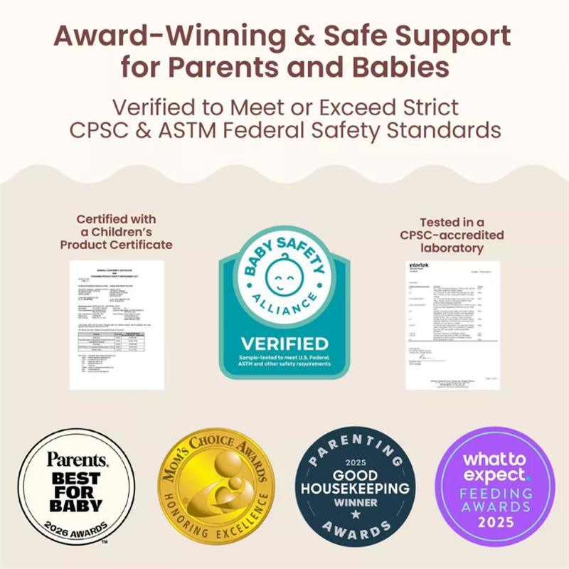 Boppy Nursing Pillow description highlighting awards, safety certifications, and laboratory testing for parents and babies.