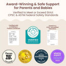 Boppy Nursing Pillow description highlighting awards, safety certifications, and laboratory testing for parents and babies.