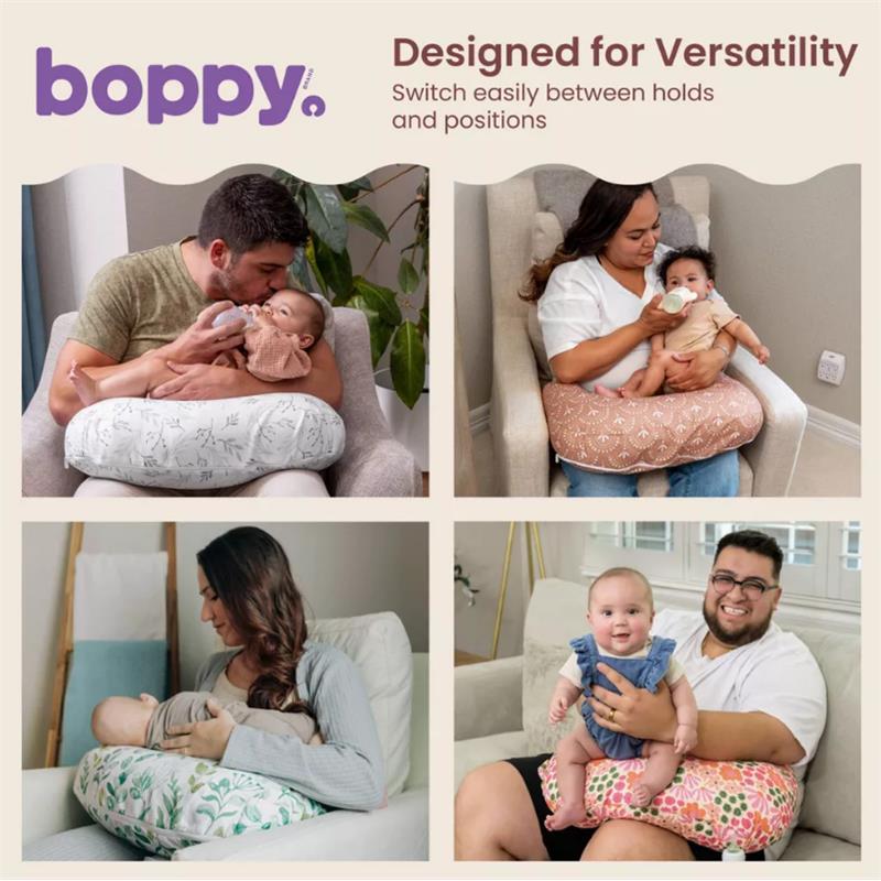 Boppy Nursing Pillow in Blush Butterflies, shown in four scenarios with parents holding infants for feeding and bonding.