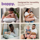 Boppy Nursing Pillow in Blush Butterflies, shown in four scenarios with parents holding infants for feeding and bonding.