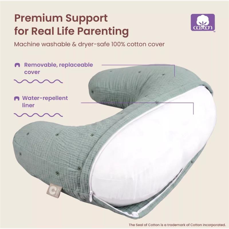 Boppy Nursing Pillow Luxe in Chestnut Muslin, featuring a removable cover, water-repellent liner, and support for nursing.