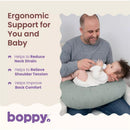 Boppy Nursing Pillow Luxe in Chestnut Muslin, supporting a father feeding a baby, highlighting ergonomic benefits.