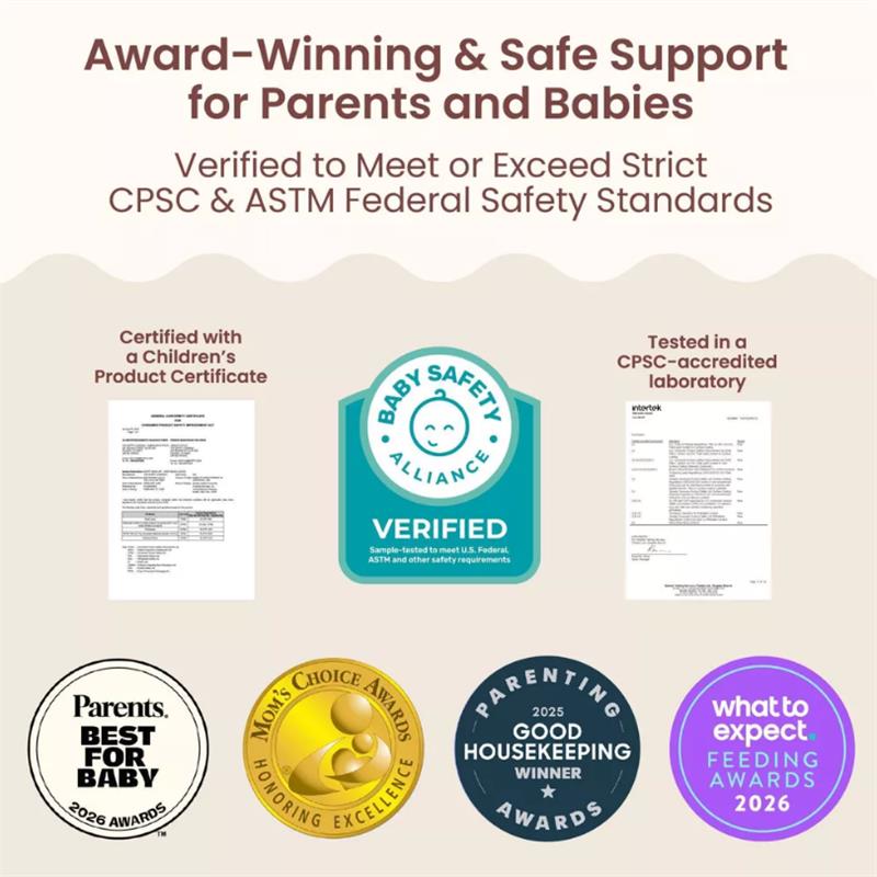 Boppy Nursing Pillow Luxe product certifications and awards, highlighting safety and excellence for parent and baby support.