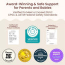 Boppy Nursing Pillow Luxe product certifications and awards, highlighting safety and excellence for parent and baby support.