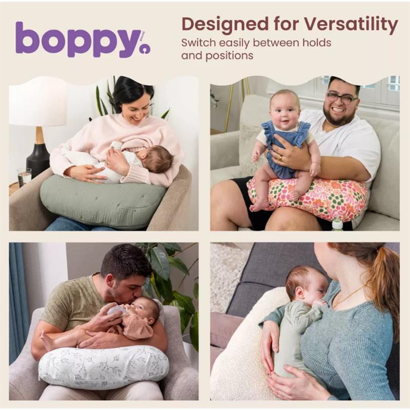 Boppy Nursing Pillow Luxe in Chestnut Muslin shown in various breastfeeding positions with parents and babies.