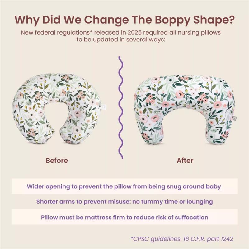Boppy Nursing Pillow Luxe in Sea Green Muslin, showcasing design changes for safety compliance with visible floral patterns and text details.