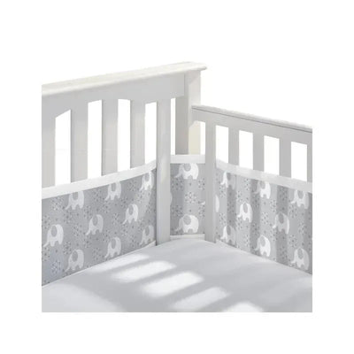 Classic breathable mesh crib liner featuring a gray elephant pattern, designed to enhance safety and comfort in cribs.