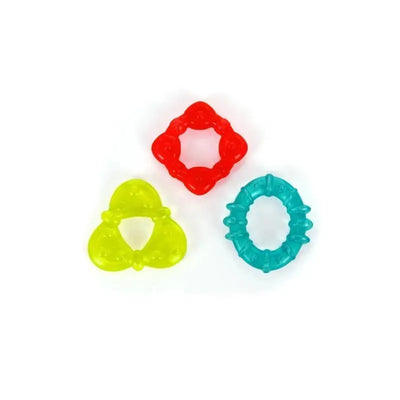 Bright Starts Chill & Teether set featuring three colorful teething rings in red, yellow, and blue, designed for infants.