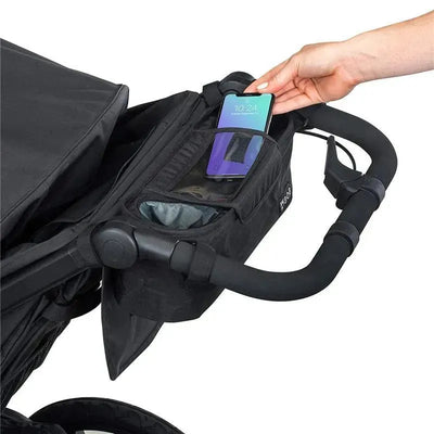 Deluxe handlebar console for Britax BOB jogging strollers, featuring storage for a smartphone and tire pump.