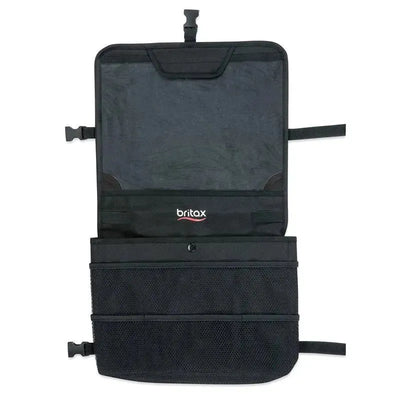 Backseat organizer in black by Britax featuring multiple mesh pockets for storage and adjustable straps for secure attachment.