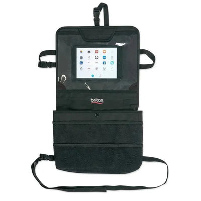 Backseat organizer in black with a tablet holder and multiple storage pockets, designed for vehicle use.