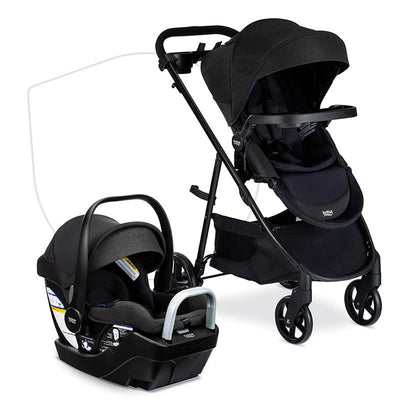 Britax Willow Brook S+ Travel System in Raven Black, featuring a stroller with a canopy and an infant car seat with a handle.