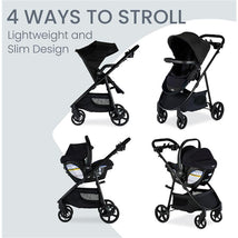 Britax Willow Brook S+ Travel System features a lightweight stroller and infant car seat in Raven Black, showcasing four configurations.