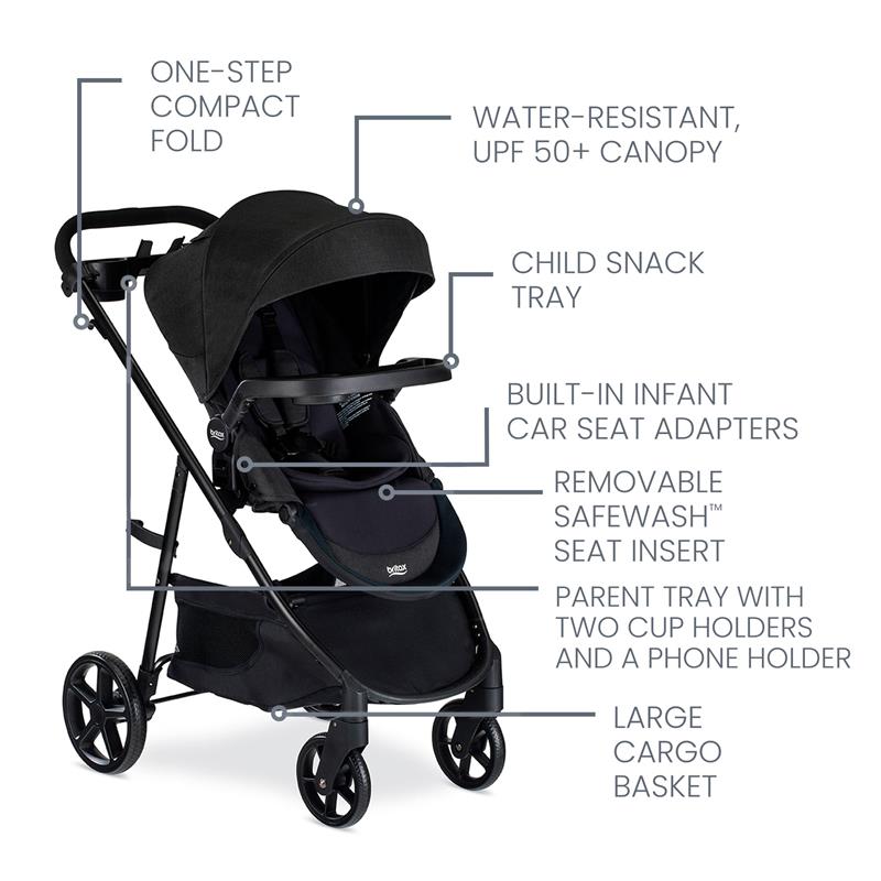 Britax Willow Brook S+ Travel System in Raven Black, featuring a compact fold, child snack tray, and large cargo basket.