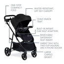 Britax Willow Brook S+ Travel System in Raven Black, featuring a compact fold, child snack tray, and large cargo basket.