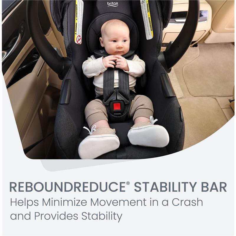 Britax Willow Brook S+ travel system featuring a baby securely seated in a car seat with a stability bar, set in a car.