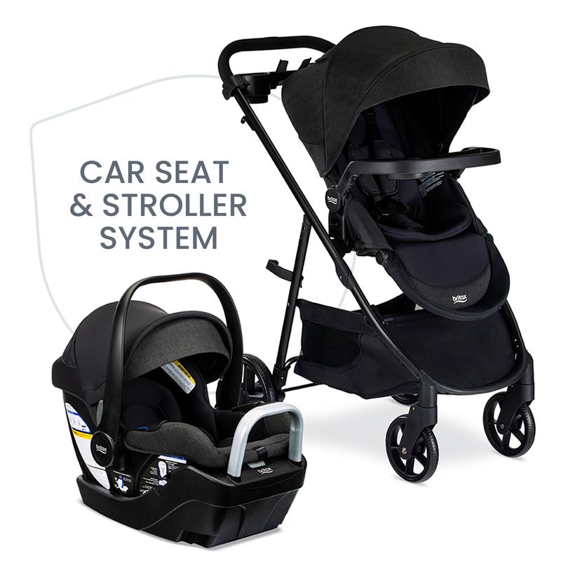 Britax Willow Brook S+ travel system featuring Raven Black car seat and stroller, showcasing sleek design and functionality.