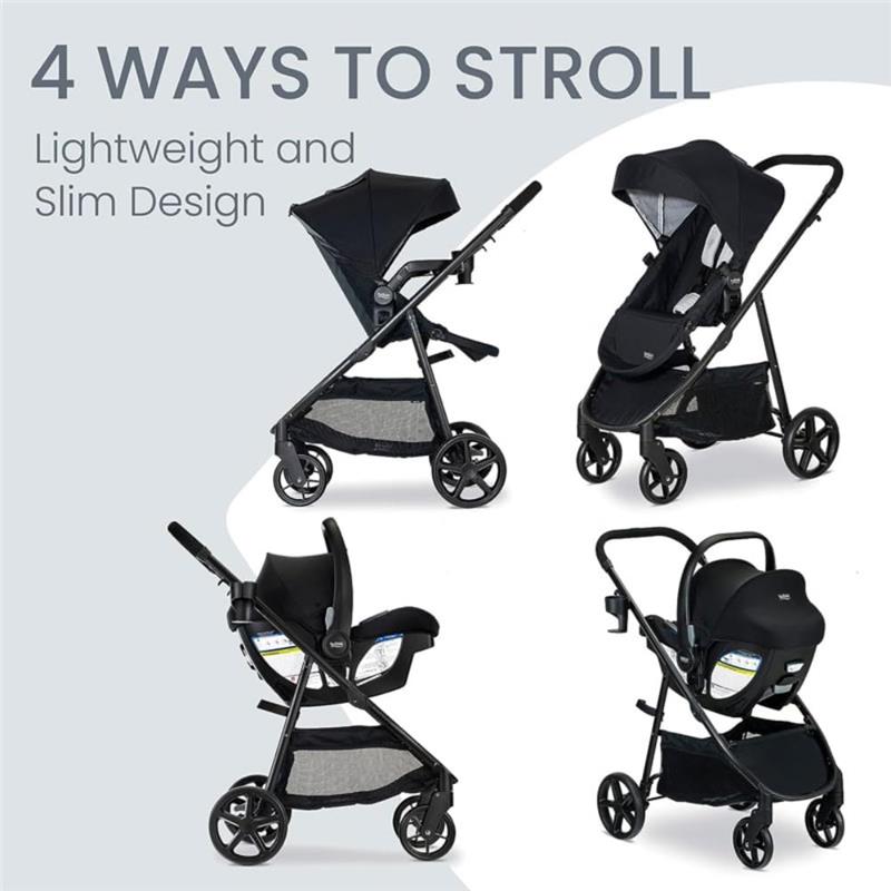 Britax Willow Brook Travel System with Aspen Base, showcasing four configuration options, features a lightweight design.
