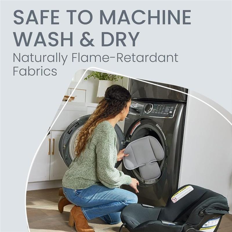 A woman in a cozy sweater places a car seat cushion into a washing machine, emphasizing its machine-washable features.