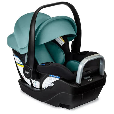 Britax Willow S Infant Car Seat in Jade Onyx with an alpine anti-rebound base, featuring a protective canopy and safety label.