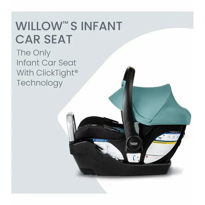 Willow S Infant Car Seat by Britax, featuring a jade onyx exterior and ClickTight technology for secure installation.