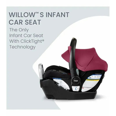 Britax Willow S Infant Car Seat in Ruby Onyx, featuring ClickTight technology and safety instructions on the side.