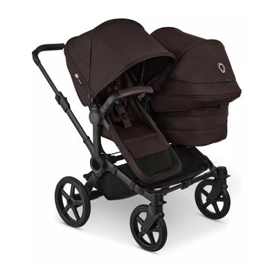 Bugaboo Donkey 6 Sibling Seat in Cocoa Brown, featuring two seats and canopies on a black stroller frame.