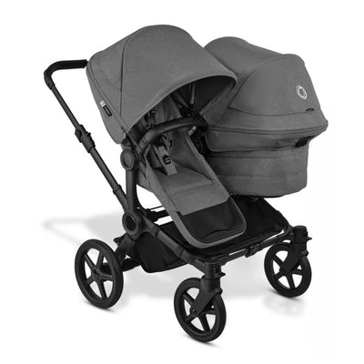 Bugaboo Donkey 6 Sibling Seat in Moon Grey, featuring two seats and adjustable canopies, designed for siblings.