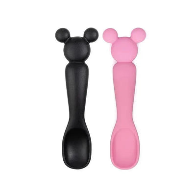 Silicone dipping spoons in black and pink with Mickey Mouse ears, designed for children.