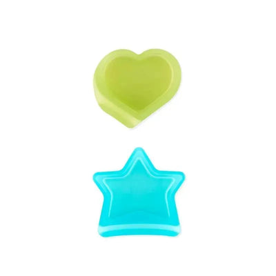 Silicone baby dipping spoons in heart and star shapes, colored green and aqua, suitable for bowls and plates.